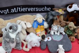 Stofftiere kuscheln vor dem Demobanner.
