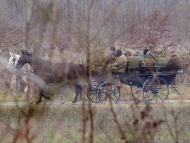 Pferdekutsche voller Männer, teilweise maskiert