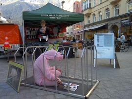 AktivistInnen mit Kostümen am Infostand in Insbruck