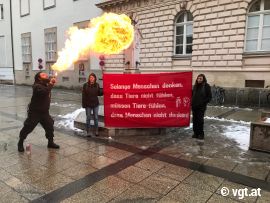 Feuerspeiender Aktivist und Demobanner