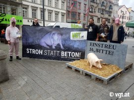 Aktivist_innen halten ein Banner gegen Vollspaltenböden in der Schweinemast