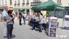 Interessierte Bürger_innen informieren sich am VGT Infostand