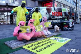 Aktivist_innen mit Tierkostümen und Schutzanzügen
