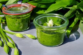 Zwei Gläser Bärlauchpesto, dekoriert mit Bärlauchblüten