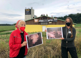 Tierschützerinnen mit Hinweisschildern vor dem Stall