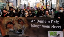 Pelzdemozug mit Bannern und vielen Schildern