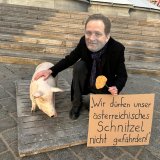 VGT-Aktion: "Totschnig" Schnitzel-essend neben Vollspalten-Schwein